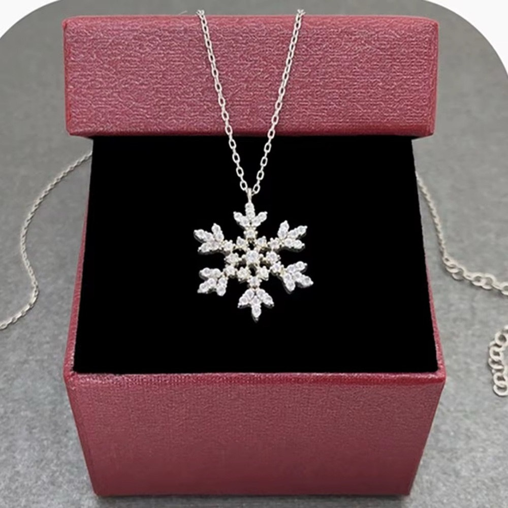 Sparkly Snowflake Holiday Winter CZ Silver Necklace - Picture 3 of 4